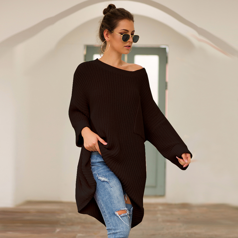 SZ60241-3 Black Knit One Shoulder Long Sleeve Casual Sweater